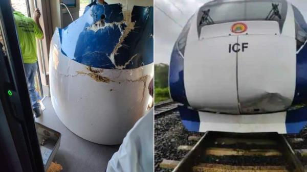 Vande Bharat特快列车在孟买至甘地那加尔的线路上再次受损，撞上了铁轨上的奶牛